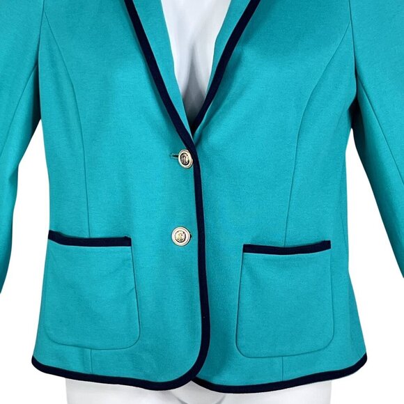 Talbots Aberdeen Womens 10 Teal Blazer Navy Trim Gold Crest Buttons Yacht Jacket - Picture 9 of 16